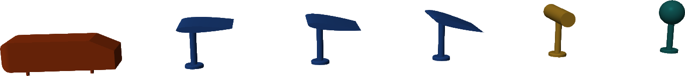 The six printed test shapes: an Ahmed body, three NACA 0012 wings at 0, 8 and 16 degrees, a cylinder and a sphere